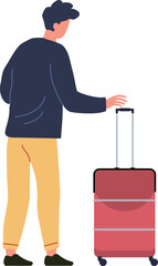 Businessman walking with his trolley luggage at the airport terminal, going to boarding gate, business trip or vacation concept, simple flat vector illustration on white background