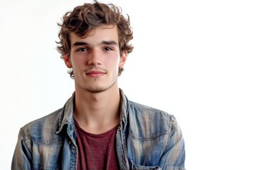 Obraz premium Portrait of a Young Man with Curly Hair in a Denim Jacket Against a White Background