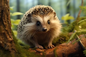 Naklejka premium A small brown and white hedgehog is standing on a mossy log in a forest. The hedgehog is looking up at the camera, seemingly curious about its surroundings