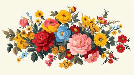 Vibrant floral composition with red roses, pink peonies, yellow daisies and blue forget-me-nots arranged in traditional bouquet style perfect for wedding stationery and romantic designs.