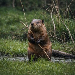 Fototapeta premium A beaver carrying a branch through a grassy area, its full body in focus and the background softly blurred.