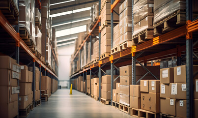 Warehouse aisle full of packages on pallet racks.