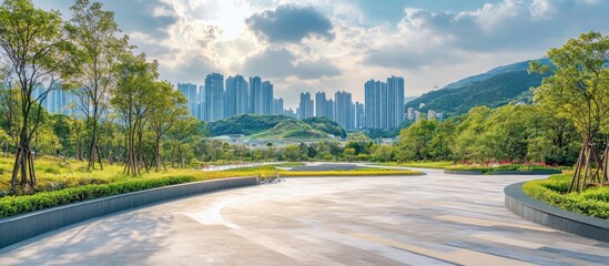empty fork roads park with modern asia city building and green hill park background