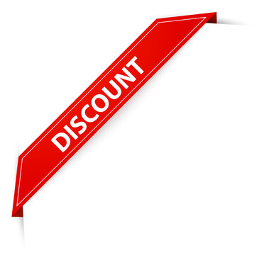Red discount ribbon placed on the corner of a white surface represents special offers and price reductions for customers during shopping sales