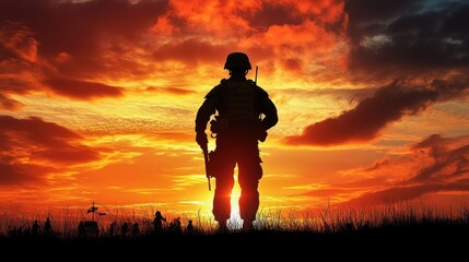 A silhouette of a soldier standing against the rising sun, with an ANZAC Day ceremony happening in the background, symbolic of courage and remembrance, backlighting with dramatic sky