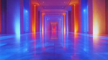 Neon-lit corridor, grand hall, reflective floor, event backdrop