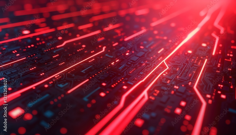 Poster Abstract futuristic tech background shows intricate glowing red circuits. Dynamic lines, geometric patterns create vibrant visual. Modern design suggests complex tech system. Innovative, powerful