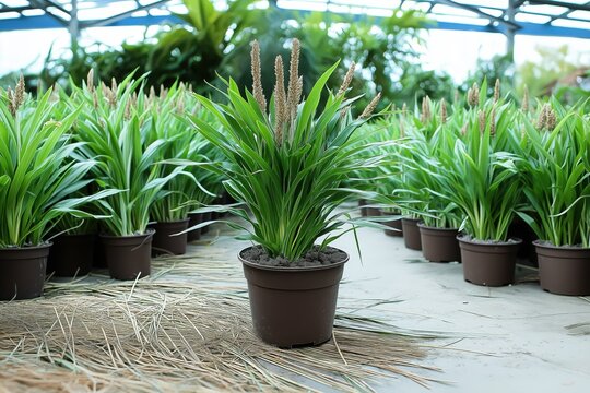 Common reed plants in well-maintained pots arranged neatly in a greenhouse setting with natural lighting