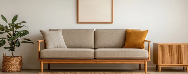 A stylish, minimalist living room featuring a beige sofa, wooden furniture, and a potted plant against a soft-colored wall.