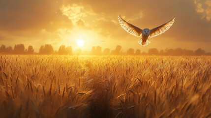 A barn owl is flying low over a vibrant golden wheat field at sunset. The sky is filled with warm hues, creating a tranquil atmosphere