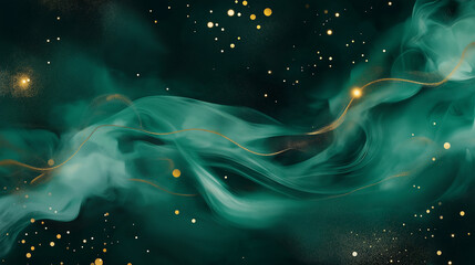 Fototapeta premium Dark Green and Gold Space Background with Swirling Smoke and Stars, Featuring Fantasy-Inspired Patterns of Emerald Greens and Yellow-Gold Colors, Perfect for Mystical and Ethereal Designs