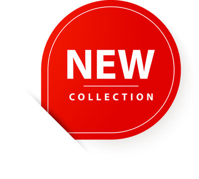 Red rounded sticker with the text new collection written in white and partially covering a white background, creating a contrast and highlighting the newness of the advertised products
