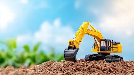 Obraz premium Yellow Excavator on Dirt Pile - Construction, development, earthmoving, industry, progress. A yellow excavator digs into a pile of dirt against a bright blue sky. Symbolizing growth and building.
