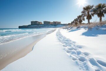 Snow covers Florida's beaches, creating a striking contrast of winter wonderland and tropical charm in a serene coastal environment