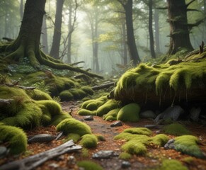 Dense forest floor with moss and fallen branches, woodland debris, woodsy atmosphere, autumnal landscape