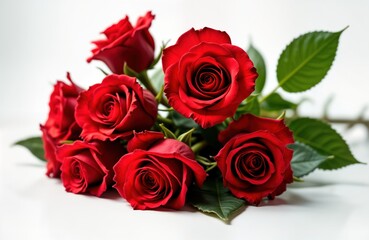 Radiant red roses in a bouquet rest on a white surface. Floral arrangement is elegant and vibrant. Roses are perfect for a gift or celebration. Flowers are a classic symbol of love and beauty.