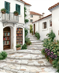 Fototapeta premium Charming street with white buildings, bookshelves, and flowers, evoking peaceful atmosphere. Perfect for art lovers and travelers