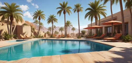 Fototapeta premium Desert pool with a deck and palm trees in the background, arid environments, decks, natural features
