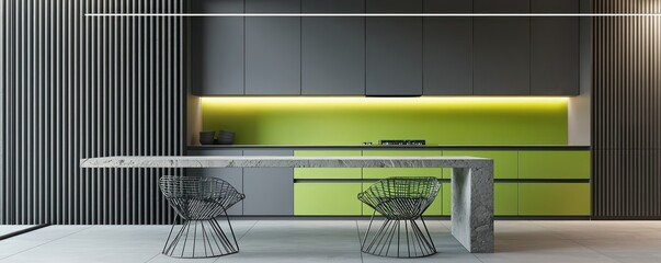 A sleek kitchen space with light gray cabinets and lime green accents