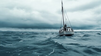 A lone sailboat braves the ominous stormy sea, embodying adventure and resilience against the dramatic, turbulent waters and skies.