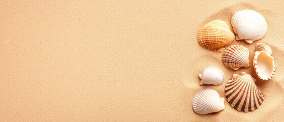 Obraz premium Beautiful Collection of Various Seashells on Soft Sandy Background for Beach or Coastal Themes