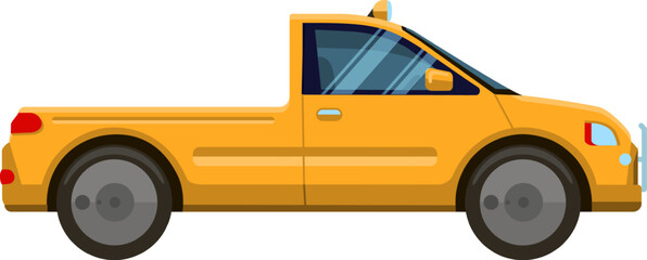 Modern yellow pickup truck showing left side view with two doors and empty trunk is parked on white background, representing transportation, delivery, and urban logistics © WinWin