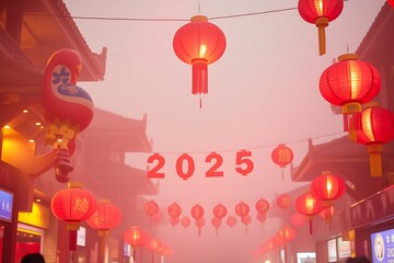 Colorful red lanterns hang from the buildings in a misty street market, celebrating the arrival of the year 2025. Festive decorations create a joyful and inviting atmosphere