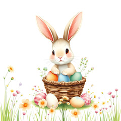 Obraz premium Cute Easter Bunny with Colorful Eggs in a Basket