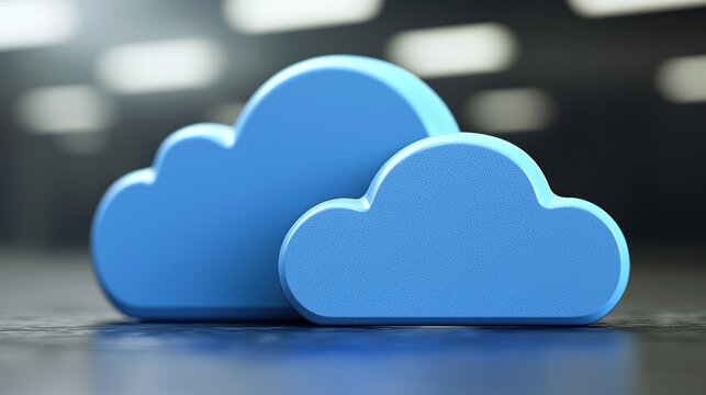 Blue cloud computing icons on dark floor, data center background