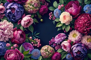 Elegant and sophisticated floral pattern featuring peonies and hydrangeas in rich jewel tones, jewel-toned flowers, peony flowers, sophisticated style, high-end design