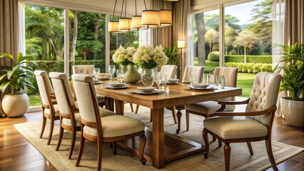 Obraz premium Elegant dining table set in a serene environment, sophistication, floral arrangement, luxury