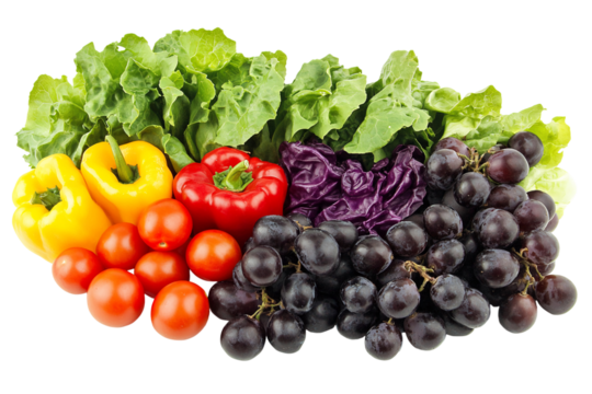 Fresh vegetables and grapes isolated on a transparent background