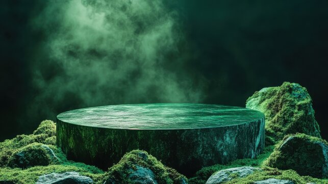 Circular stone platform surrounded by natural green moss and lush foliage in atmospheric setting