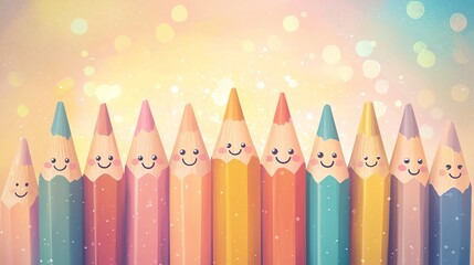 Kawaii-style cartoon pencils with cute smiling faces, pastel colors