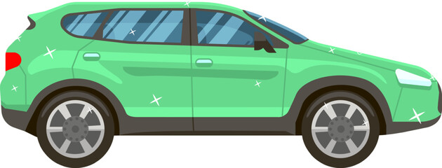 Sparkling clean green crossover car parked after professional auto detailing and washing, representing car cleaning services, maintenance and vehicle care