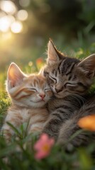 Obraz premium Two kittens lying close on a grassy field. Dappled sunlight and colorful flowers adding to the serene scene