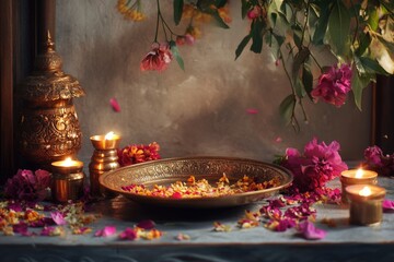 Colorful flower garland used as a decorative piece, often in Hindu ceremonies for offerings.