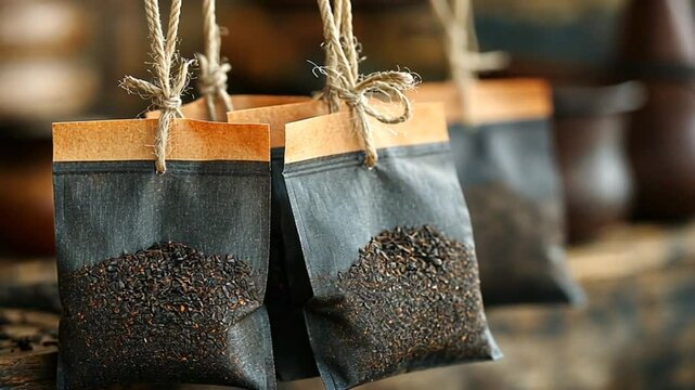 Bags of spices or seeds with a rustic presentation for sale.