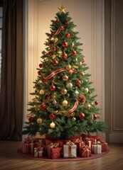 Fir Christmas tree with ornaments and ribbons on a mantelpiece, holiday decor, christmas tree, ornate details