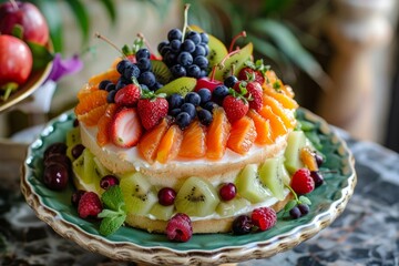 Layered cake is garnished with various fresh fruits, creating a visually appealing and delicious dessert