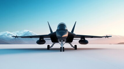 Fototapeta premium Fighter Jet on Snowy Plain - A sleek black fighter jet sits on a vast, snow-covered plain, with majestic mountains in the background under a clear sky.