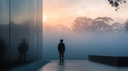 Solitary figure in military attire stands at a memorial on a misty dawn for ANZAC Day