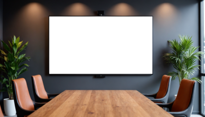 Spacious Conference Room with 3D TV on Dark Gray Wall, Empty Screen, Wooden Table, and Leather Chairs, Mockup