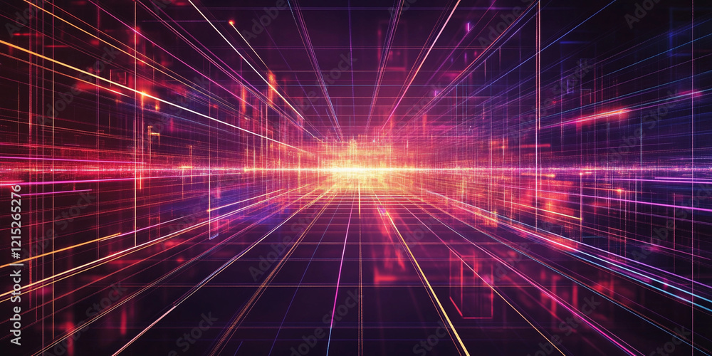 Poster futuristic grid landscape with vibrant light beams creating a dynamic illusion of depth and energy i