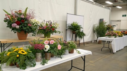 Floral workshop with plants on tables, flowers, arrangement, soil, pots