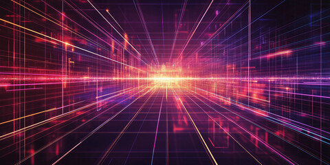 Futuristic grid landscape with vibrant light beams creating a dynamic illusion of depth and energy in a digital environment. Generative AI