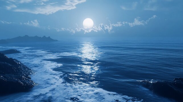 Serene moonlit ocean waves crashing on rocky shore at night. Peaceful seascape for travel brochures - Powered by Adobe