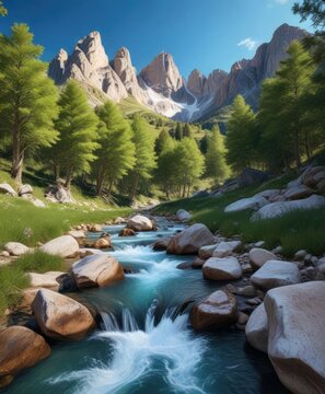 Flowing whitewater creek under a clear blue sky in picturesque Vallon Popera with Croda Rossa peak, picturesque, nature, mountain