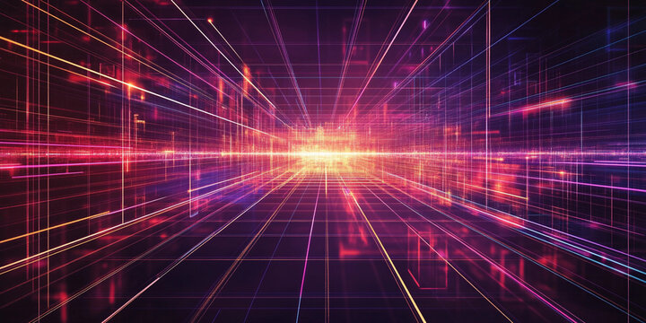 Futuristic grid landscape with vibrant light beams creating a dynamic illusion of depth and energy in a digital environment. Generative AI