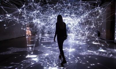 Obraz premium Person walks through projected glowing network lines.